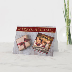 Gold Christmas Present on Snowy Deck Photo Holiday Card