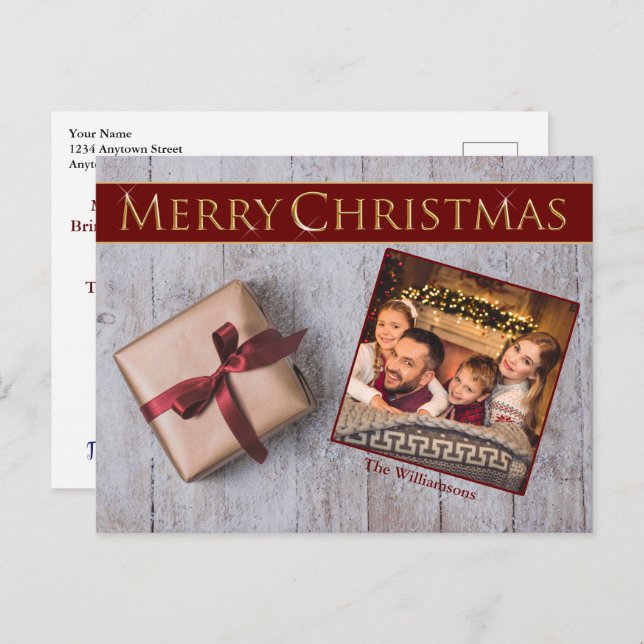 Gold Christmas Present on Snowy Deck Photo Postcard (Front/Back)