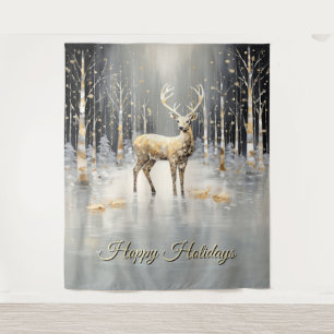 Gold Christmas Reindeer Holiday Backdrop Tapestry