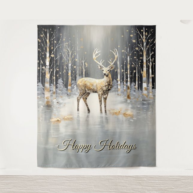 Gold Christmas Reindeer Holiday Backdrop Tapestry (Front)