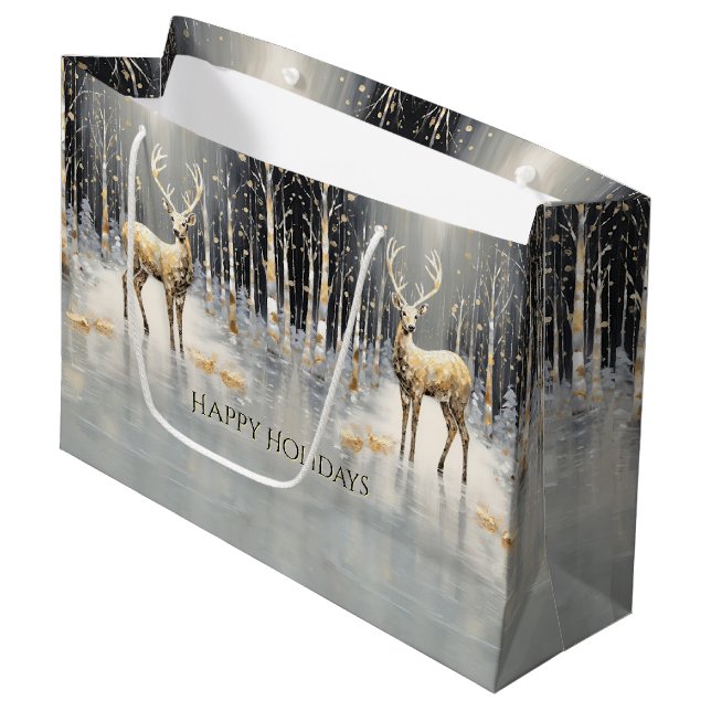 Gold Christmas Reindeer Holiday Gift Bag (Front Angled)