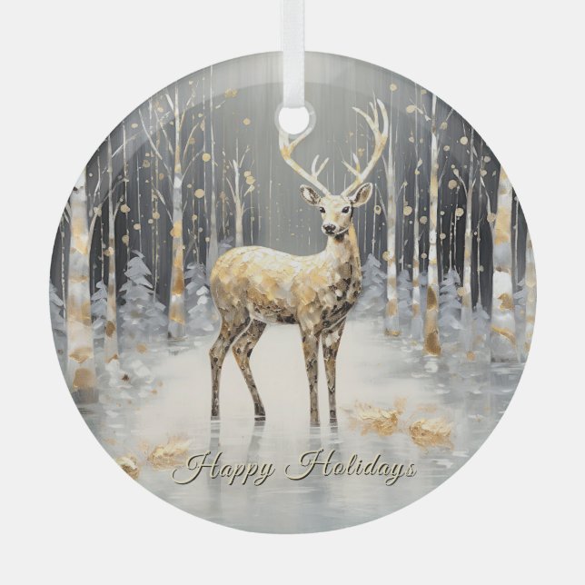 Gold Christmas Reindeer Holiday Glass Tree Decoration (Front)