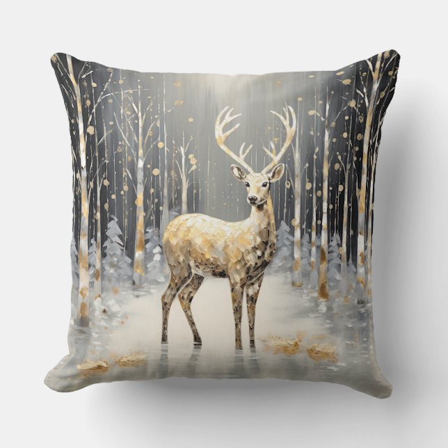 Gold Christmas Reindeer Holiday Throw Pillow (Front)