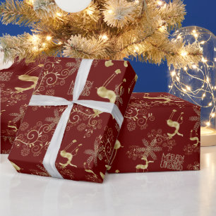 Gold Christmas Reindeer on Dark Red Wrapping Paper