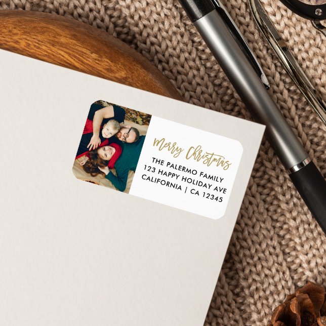 Gold Christmas Script Typography photo return Label (Creator Uploaded)