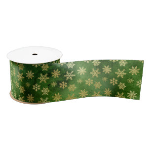 Gold Christmas Snowflakes on Green Satin Ribbon