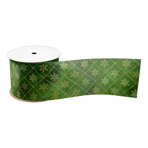 Gold Christmas Snowflakes on Green Satin Ribbon