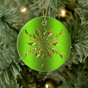 Gold Christmas Star Snowflake Green Christmas Ceramic Tree Decoration