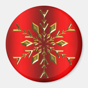 Gold Christmas Star Snowflake on Red Christmas Magnet