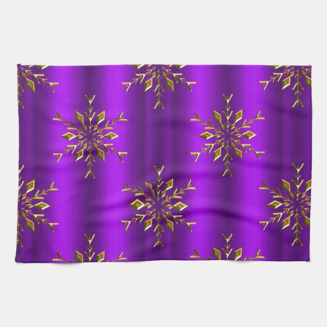 Gold Christmas Stars on Purple Christmas Tea Towel (Horizontal)