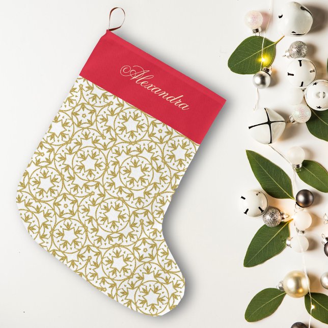 Gold Christmas Stars Pattern Yellow Personalised  Large Christmas Stocking (Creator Uploaded)