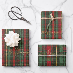 Gold Christmas Tartan & Golden 'Merry Christmas' Wrapping Paper Sheet