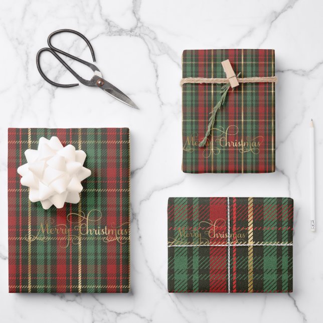Gold Christmas Tartan & Golden 'Merry Christmas' Wrapping Paper Sheet (Front)