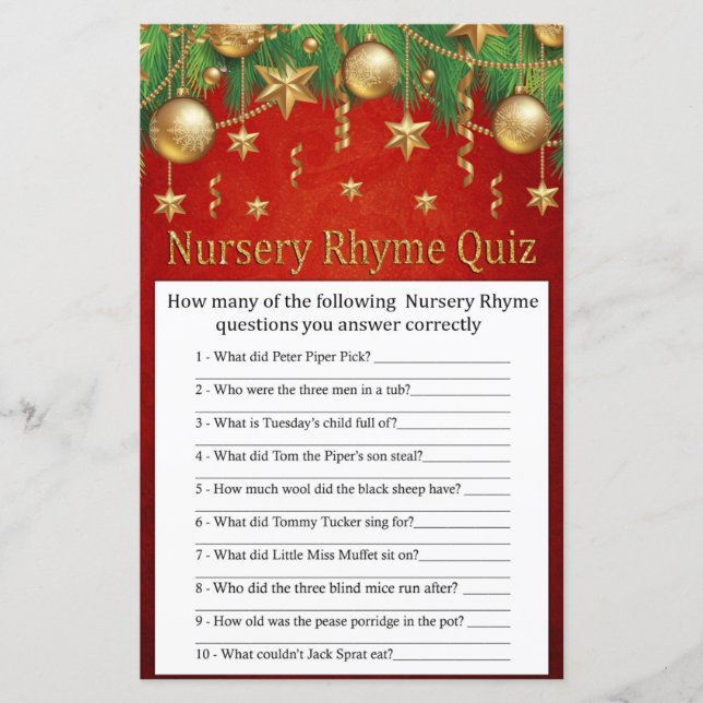 gold christmas toy Nursery Rhyme Quiz baby shower (Front)