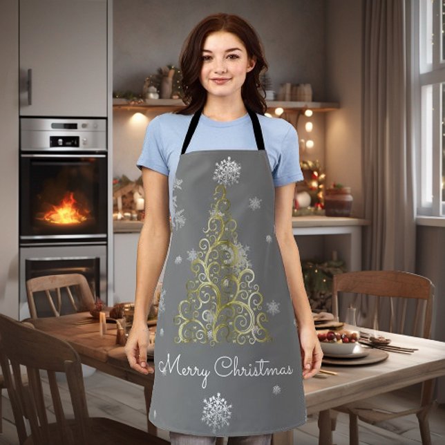Gold Christmas Tree and Snowflakes Apron (Gold Christmas Tree and Snowflakes Apron)