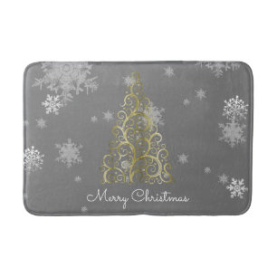 Gold Christmas Tree and Snowflakes Bath Mat