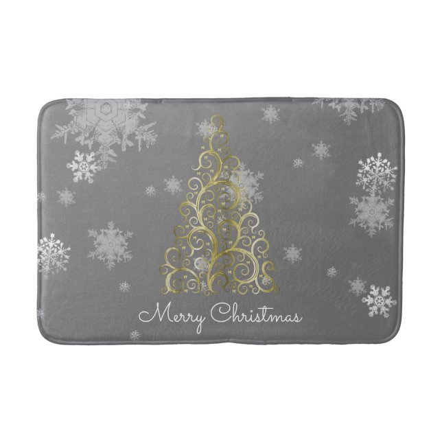 Gold Christmas Tree and Snowflakes Bath Mat (Front)