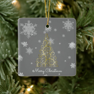 Gold Christmas Tree and Snowflakes Ceramic Ornament