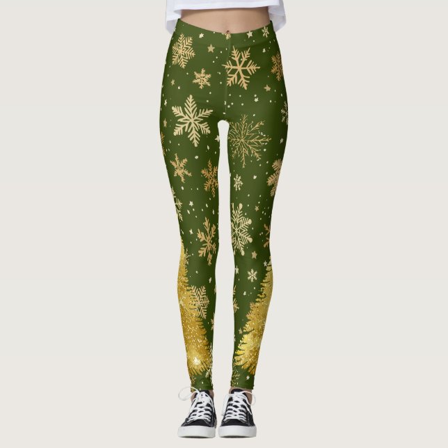 Gold Christmas Tree and Snowflakes Leggings (Front)