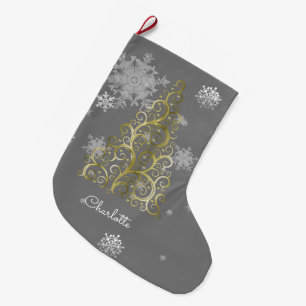 Gold Christmas Tree and Snowflakes Stocking