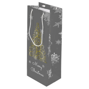 Gold Christmas Tree and Snowflakes Wine Gift Bag