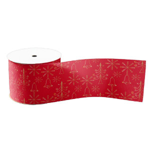Gold Christmas Tree Bell and Snowflake Pattern Grosgrain Ribbon