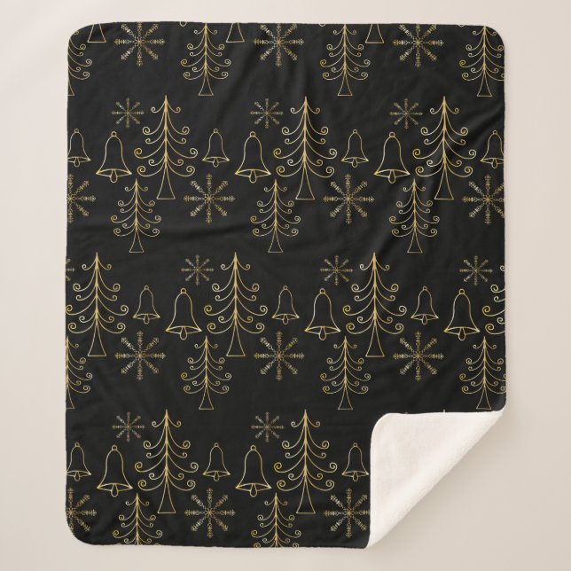 Gold Christmas Tree Bell and Snowflake Pattern Sherpa Blanket (Front)