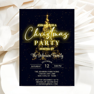 Gold Christmas Tree Black Christmas Party Invitation