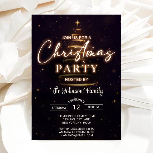 Gold Christmas Tree Black Christmas Party Invitation (Creator Uploaded)
