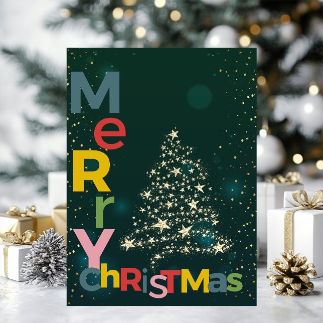  Gold Christmas Tree Colourful Merry Christmas Holiday Card (Creator Uploaded)