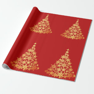 Gold Christmas Tree Dark Red Wrapping Paper