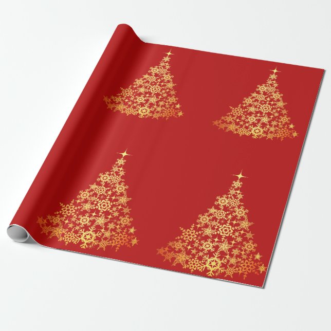 Gold Christmas Tree Dark Red Wrapping Paper (Unrolled)