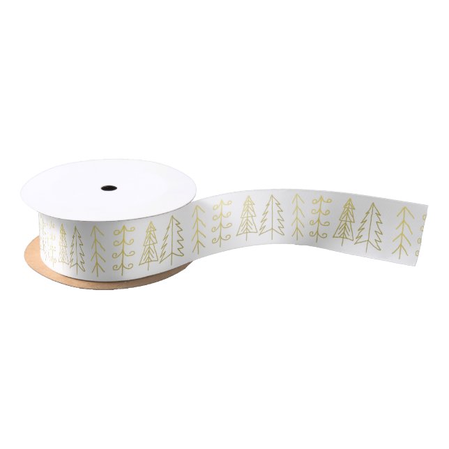 Gold Christmas Tree Modern Pattern Holiday White Satin Ribbon (Spool)