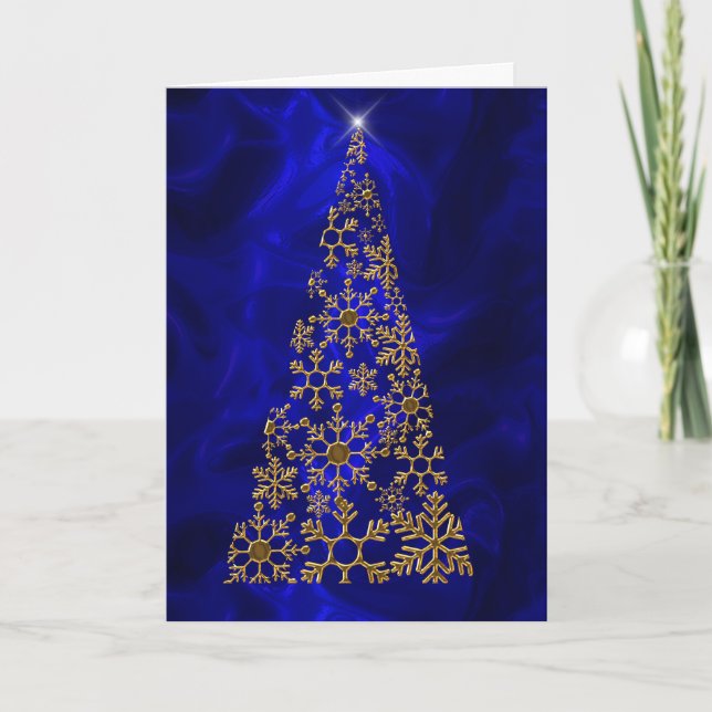 Gold Christmas Tree on Blue Christmas Card (Front)