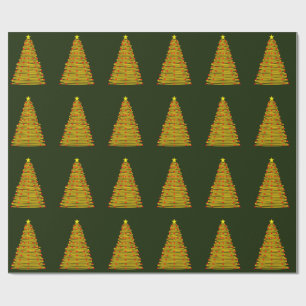 Gold Christmas Tree on Green Wrapping Paper