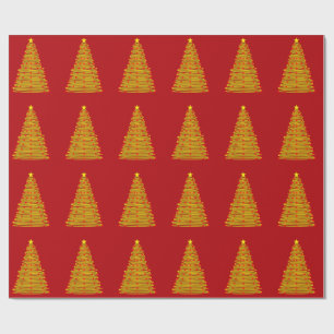Gold Christmas Tree on Red Wrapping Paper