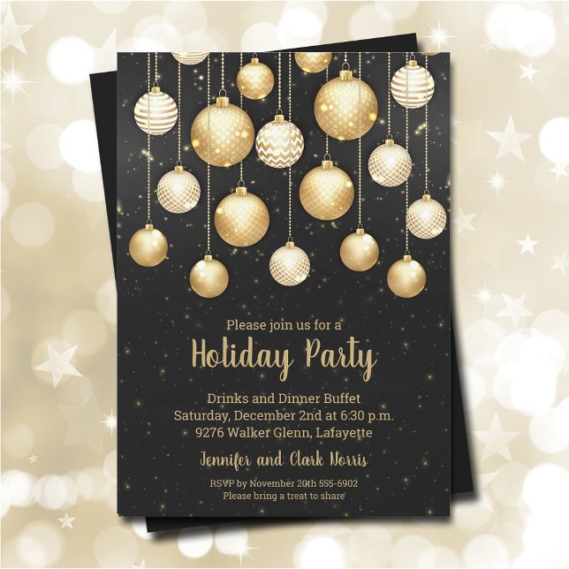 Gold Christmas Tree Ornaments Black Invitation (Creator Uploaded)