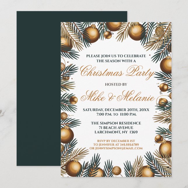 Gold Christmas Tree Ornaments Party Invitation (Front/Back)