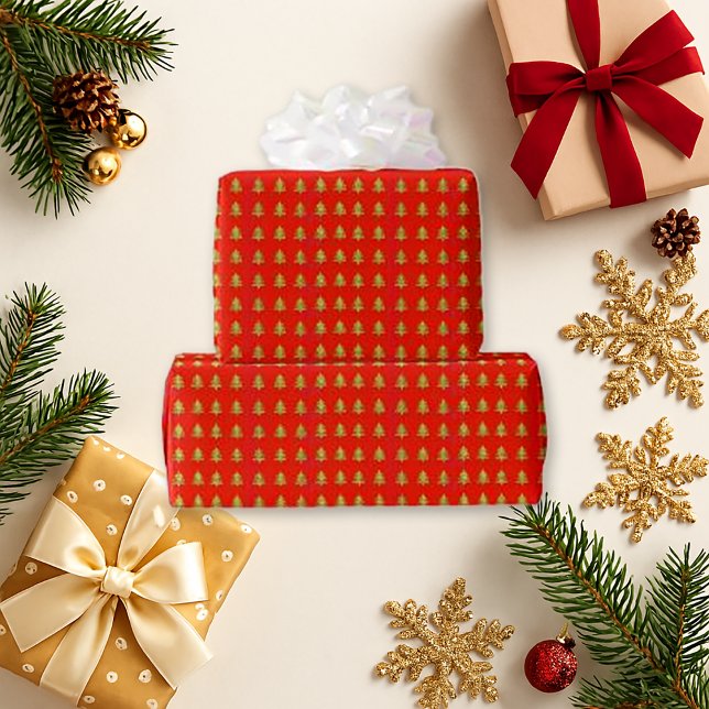 Gold Christmas Tree Red Pattern Holiday Wrapping Paper (Creator Uploaded)