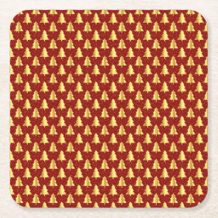 Gold Christmas Tree Seamless Pattern on Red  Square Paper Coaster