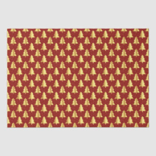 Gold Christmas Tree Seamless Pattern on Red Tissue Paper