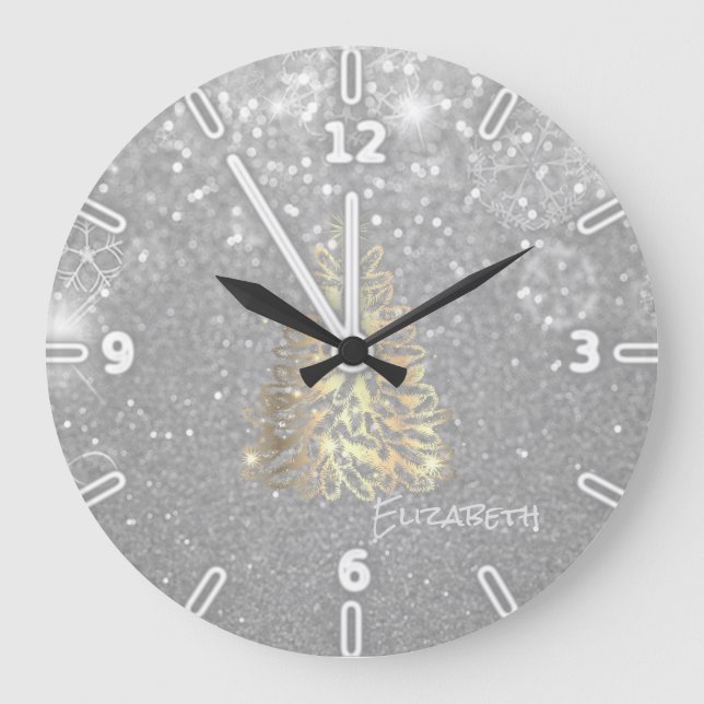 Gold Christmas Tree, Silver Glittery- Personalised Large Clock (Front)