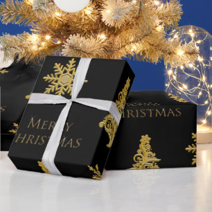 Gold Christmas Tree Snowflake on Black  Wrapping Paper