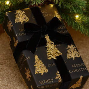  Gold Christmas Tree Snowflake on Black  Wrapping Paper