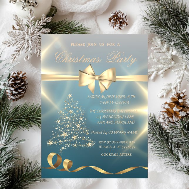 Gold Christmas Tree,Stars,Bow Christmas Party Invitation (Creator Uploaded)