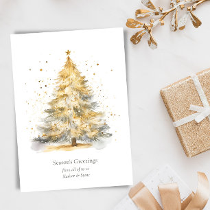 Gold Christmas Tree Watercolor Personalised  Holiday Card
