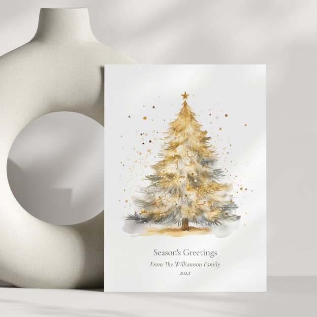 Gold Christmas Tree Watercolor Personalised  Holiday Card (Creator Uploaded)