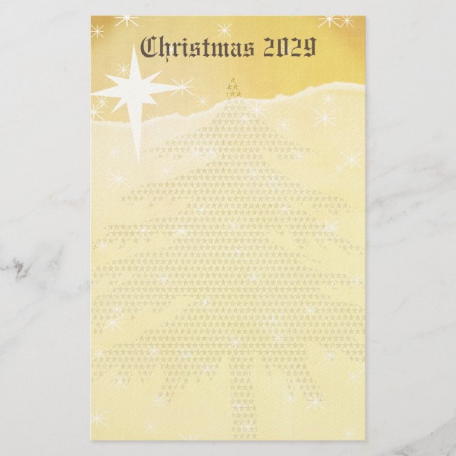 Gold Christmas Tree with Stars Stationery (Front)