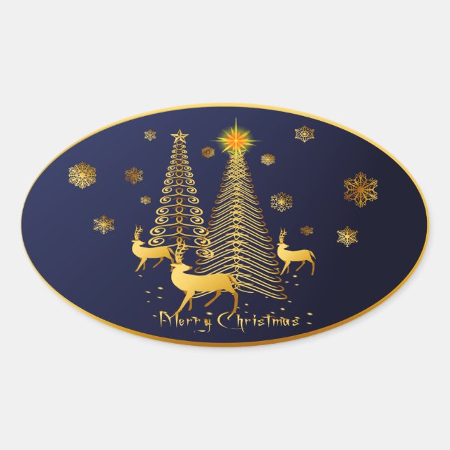 Gold Christmas Trees and Reindeer Oval Sticker (Front)