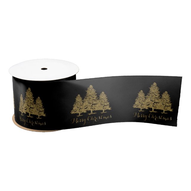 Gold Christmas Trees Merry Christmas Ribbon Satin Ribbon (Spool)